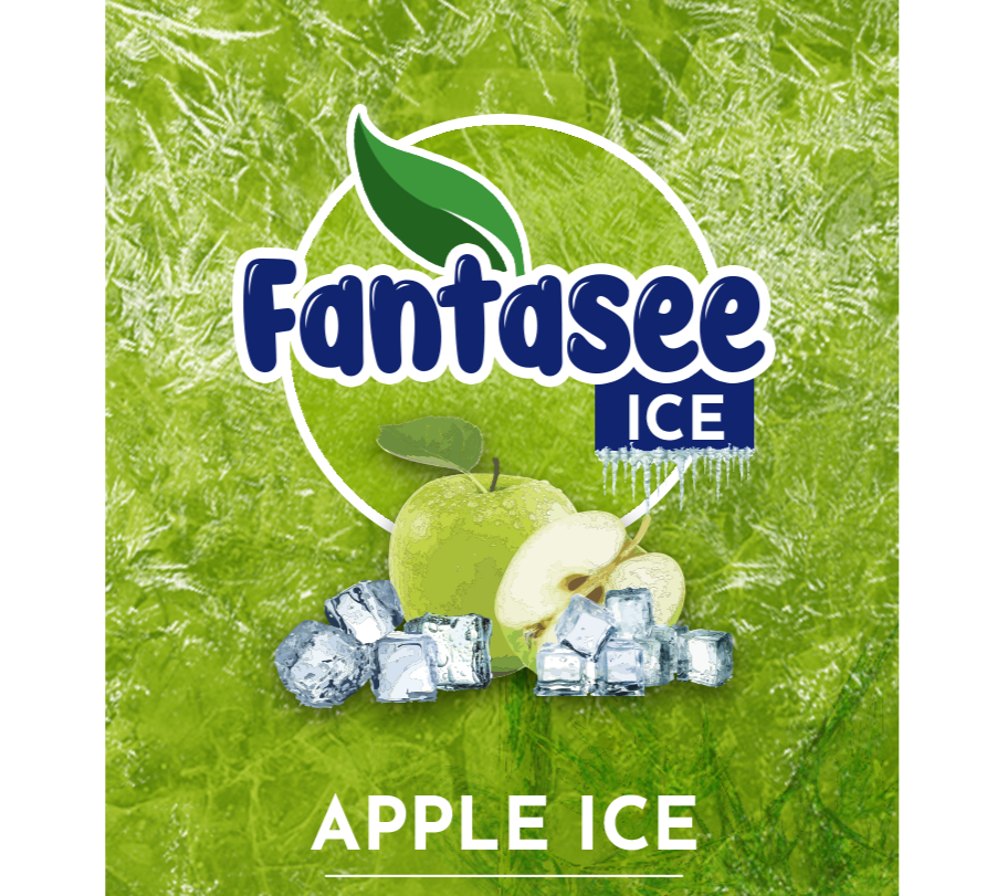 Fantasee Ice Apple Ice vape juice packaging with green background and apple and ice cube graphics.