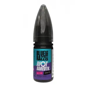 Bottle of Blue Razz flavor by Riot on a white background