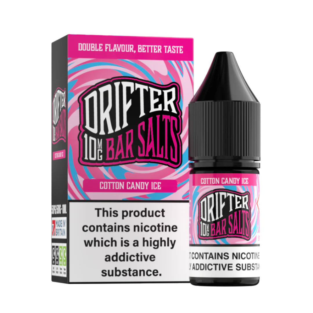 Drifter Bar Salts Cotton Candy Ice e-liquid bottle and packaging on a white background