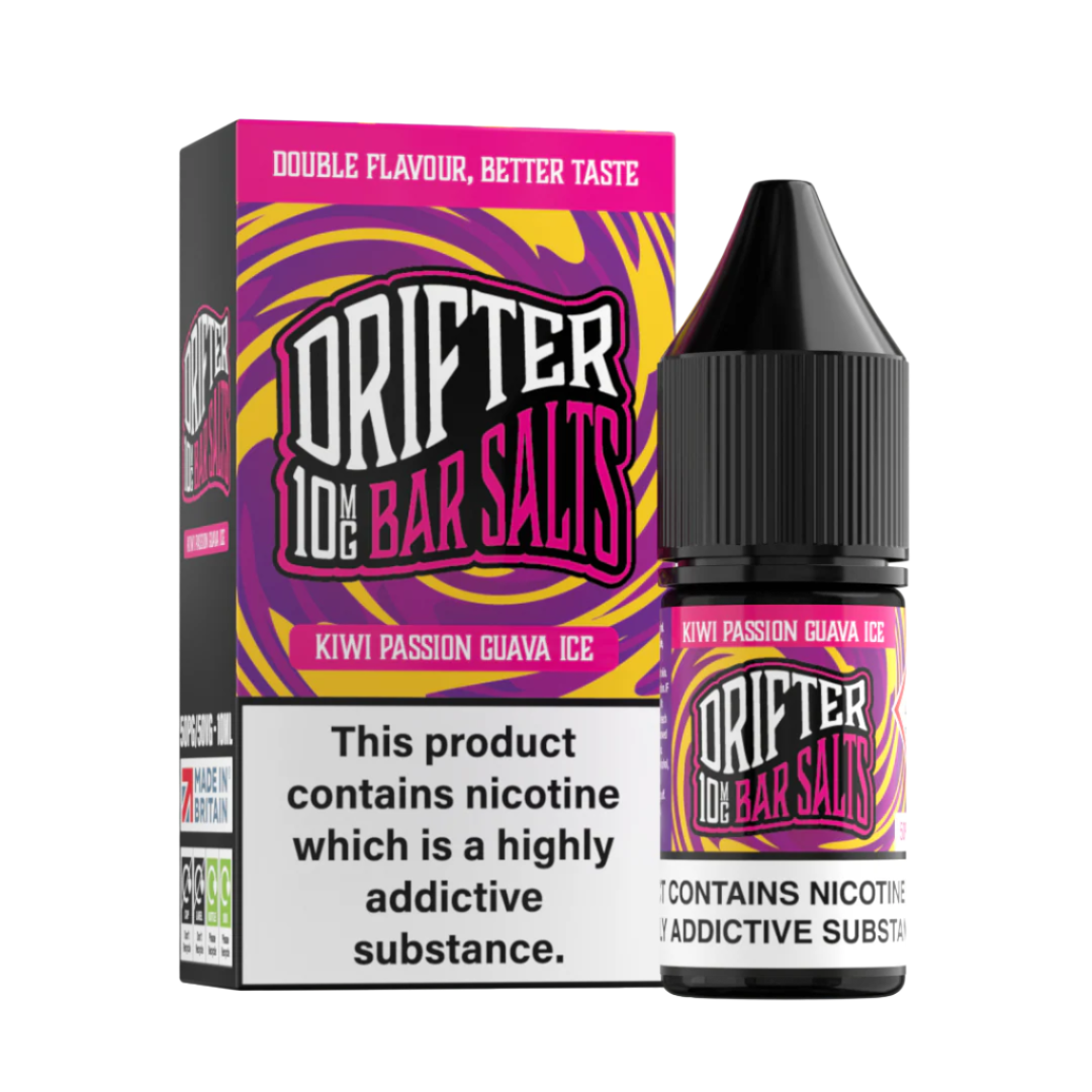 Drifter 100 Bar Salts Kiwi Passion Guava Ice e-liquid packaging on a white background