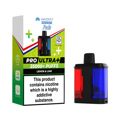Hayati Pro Ultra+ vape device and packaging on a white background lemon lime flavour