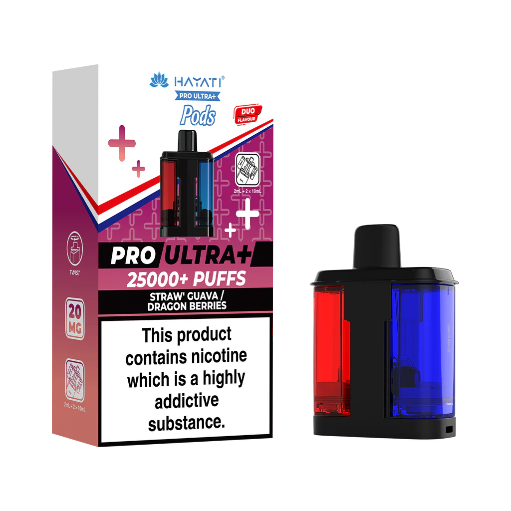 Hayati Pro Ultra+ vape device and packaging on a white background