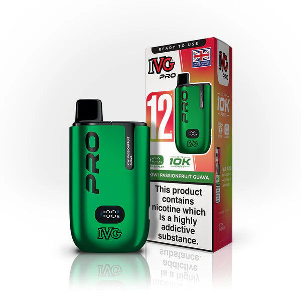 Green IVG Pro vaping device with packaging on a white background