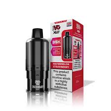 Black vape device with red and white packaging on a white background