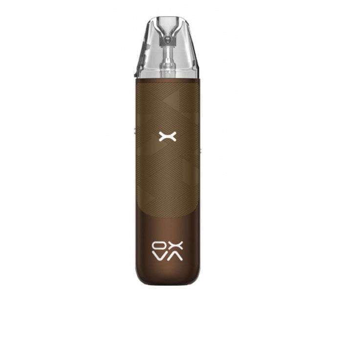 Brown vape device with 'OX VA' branding on a white background