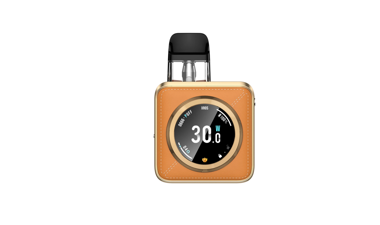 Brown electronic device with digital display on a white background