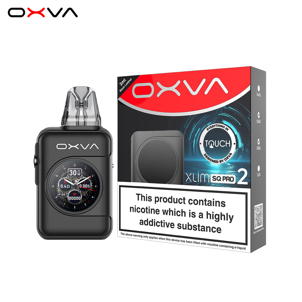 OXVA vaping device and packaging on a white background