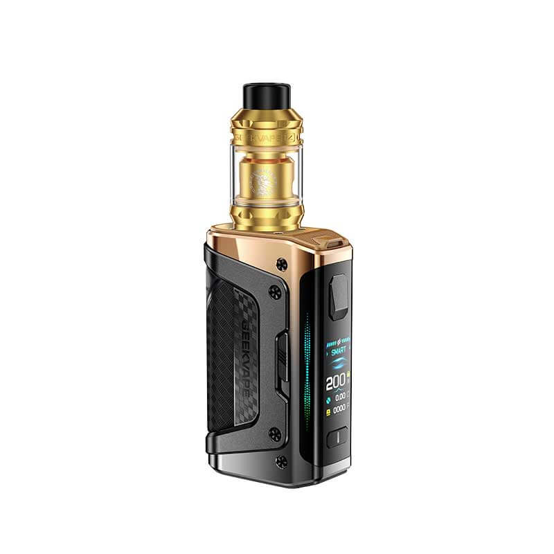 Vape device with gold and black design on a white background