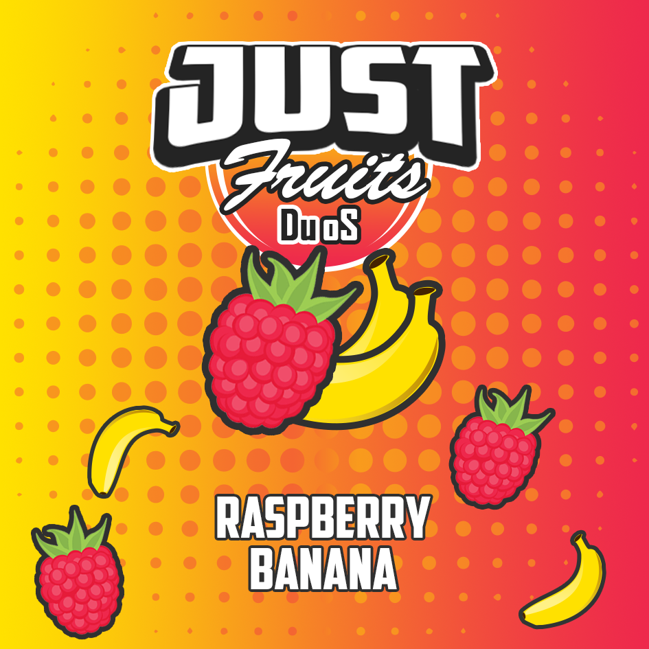 Product label for 'Just Fruits Duos' with raspberries and bananas on a colorful background