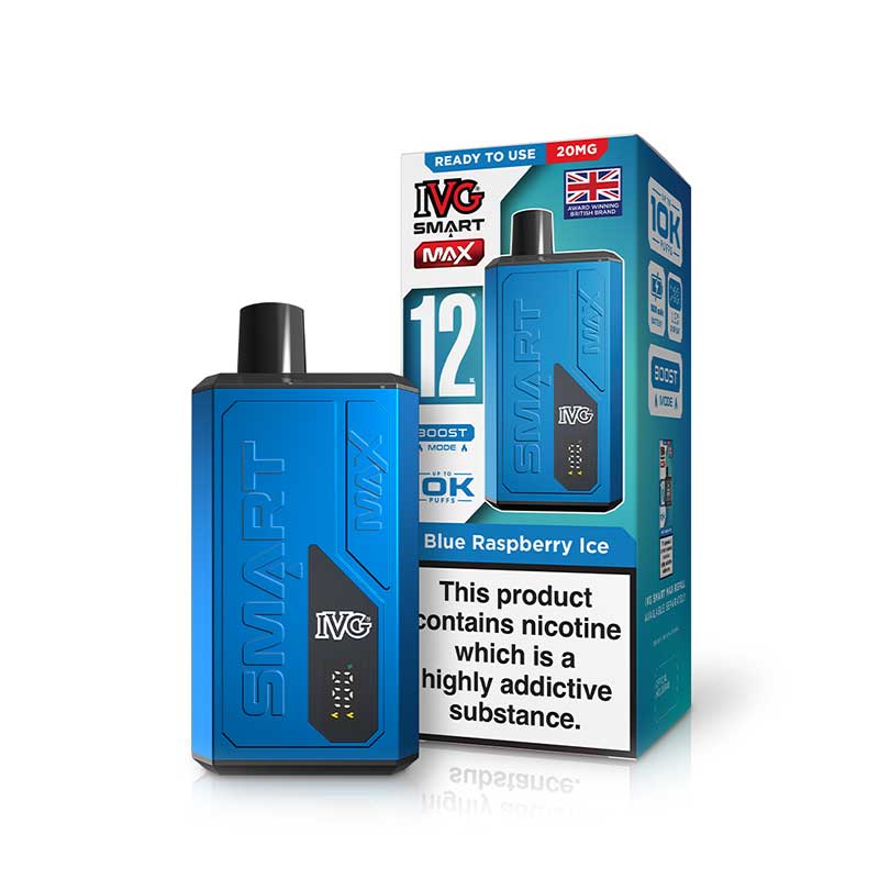 Blue IVG vaping device and packaging on a white background
