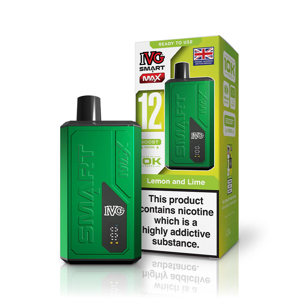 Green vape device with IVG branding next to its packaging on a white background