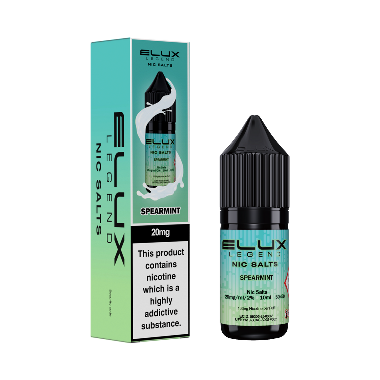Elux Legend Nic Salts Spearmint bottle and packaging on a white background