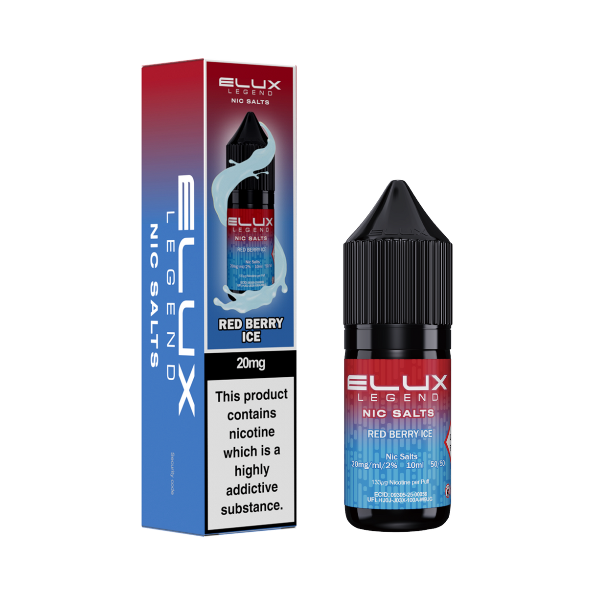 Ellux Legend Nic Salts Red Berry Ice vape juice bottle and packaging on a white background