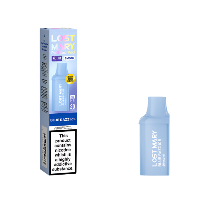 Lost Mary Blue Razz Ice vape pen packaging with a single vape pen on a white background