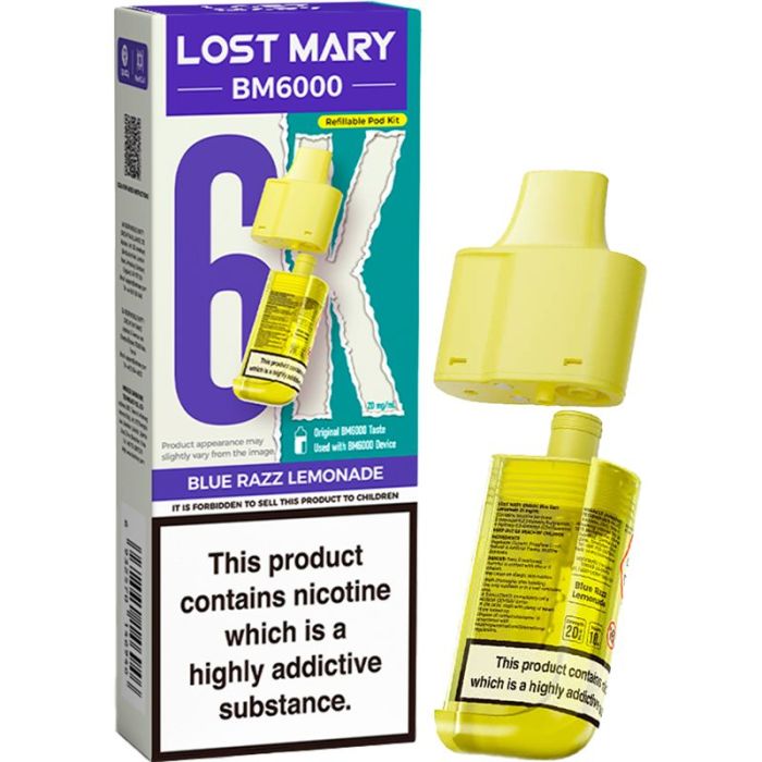 Lost Mary BM6000 vape device packaging with yellow pods on a white background