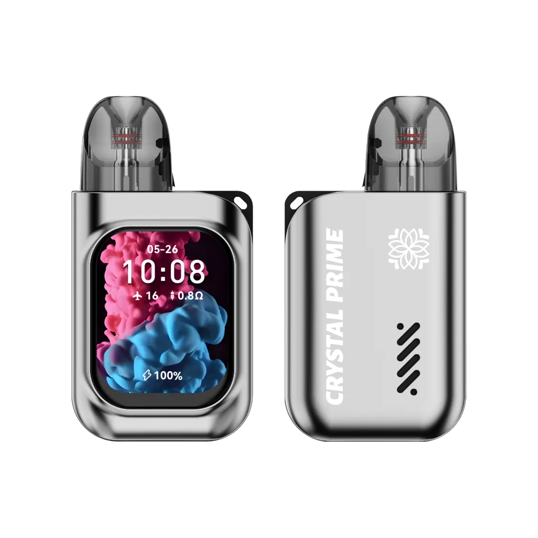 charcoal vape device with digital display and 'Crystal Prime' branding on a white background