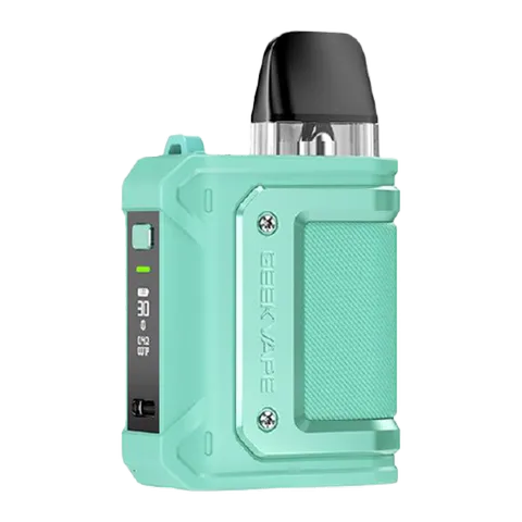Mint green vape device with digital display on a white background