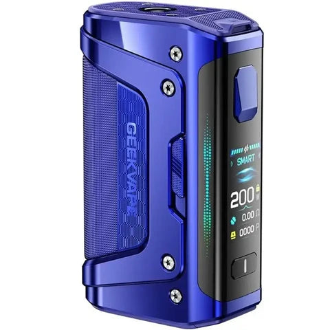 Blue vape device with digital display on a white background