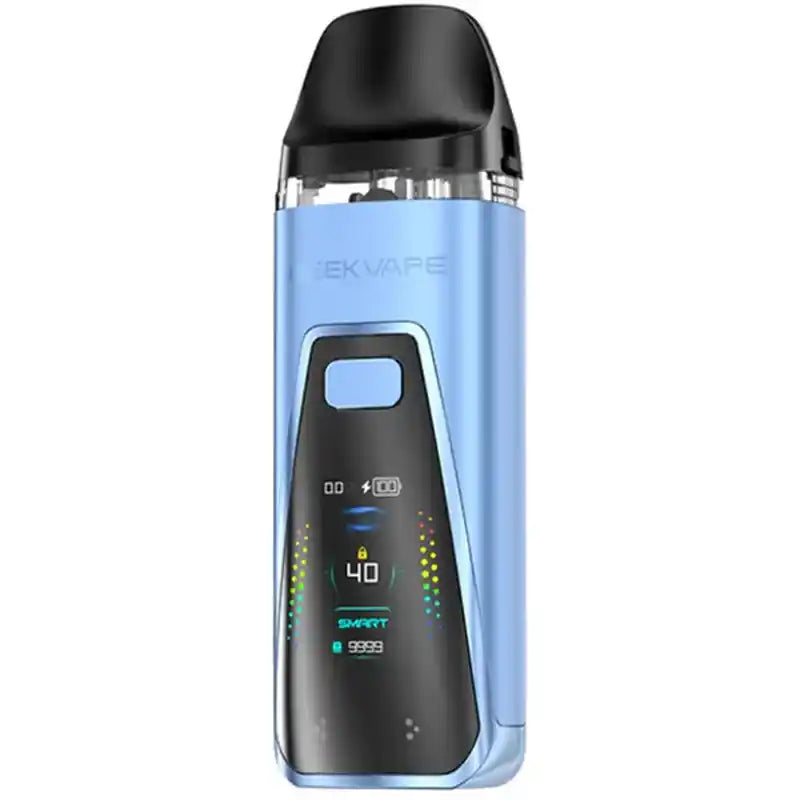 Blue vape device with digital display on a white background