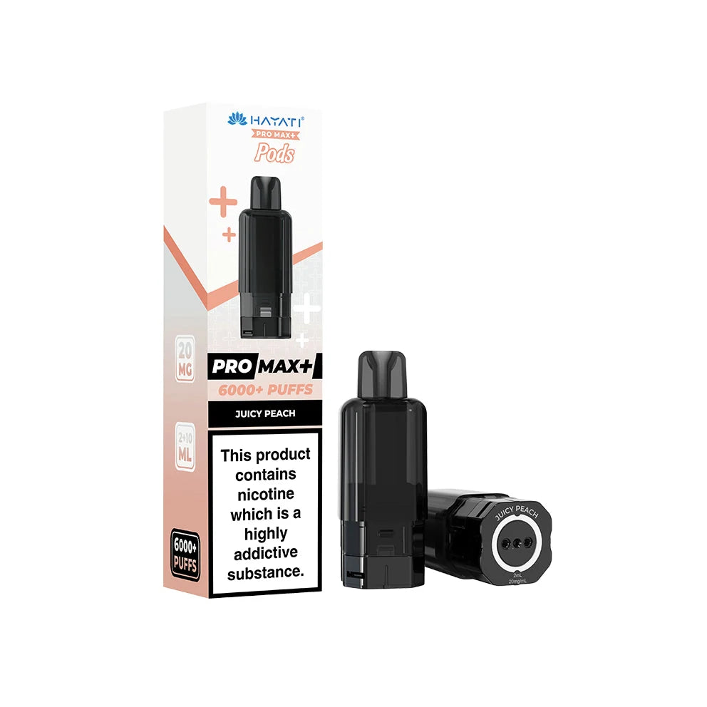Hayati Pro Max Plus Juicy Peach 20mg pod and refill retail pack