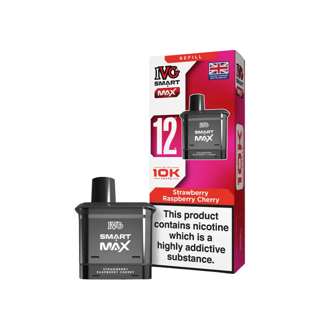 IVG Smart Max refill packaging with strawberry raspberry cherry flavor on a white background