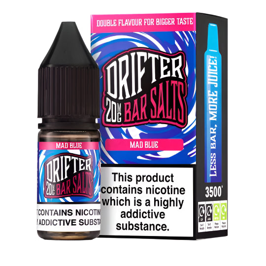 Drifter 20mg Bar Salts Mad Blue vape juice bottle and packaging on a white background