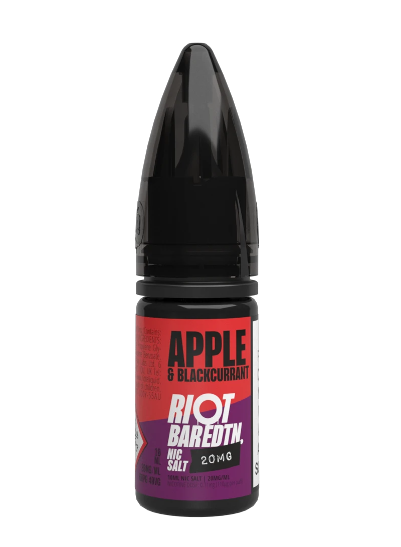 Bottle of Riot vape juice with red and purple label on a white background