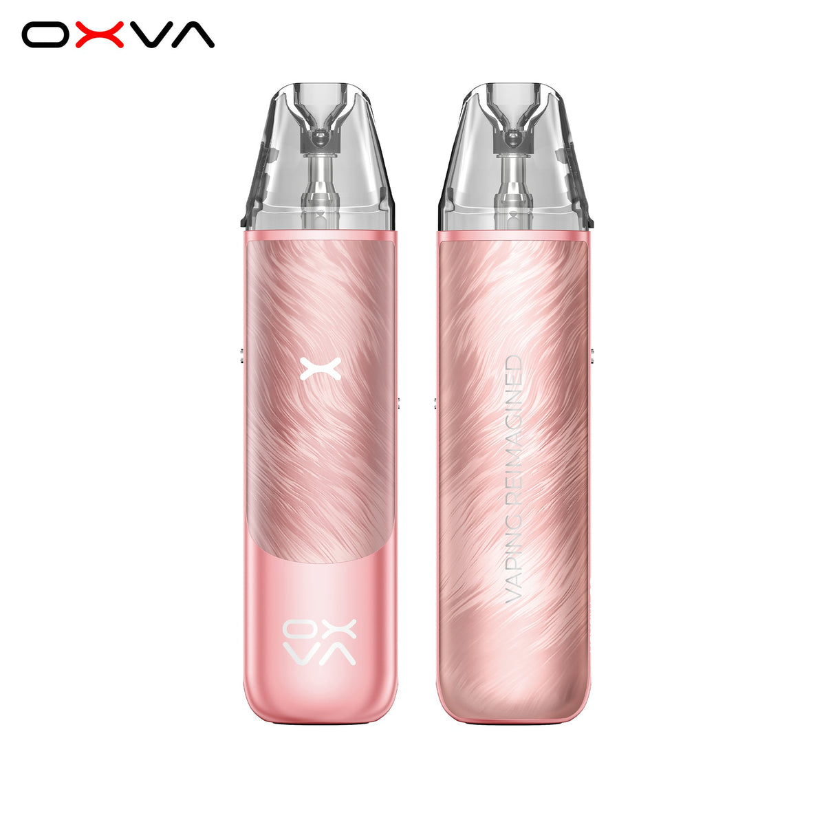 Two rose pink OXVA vaping devices on a white background