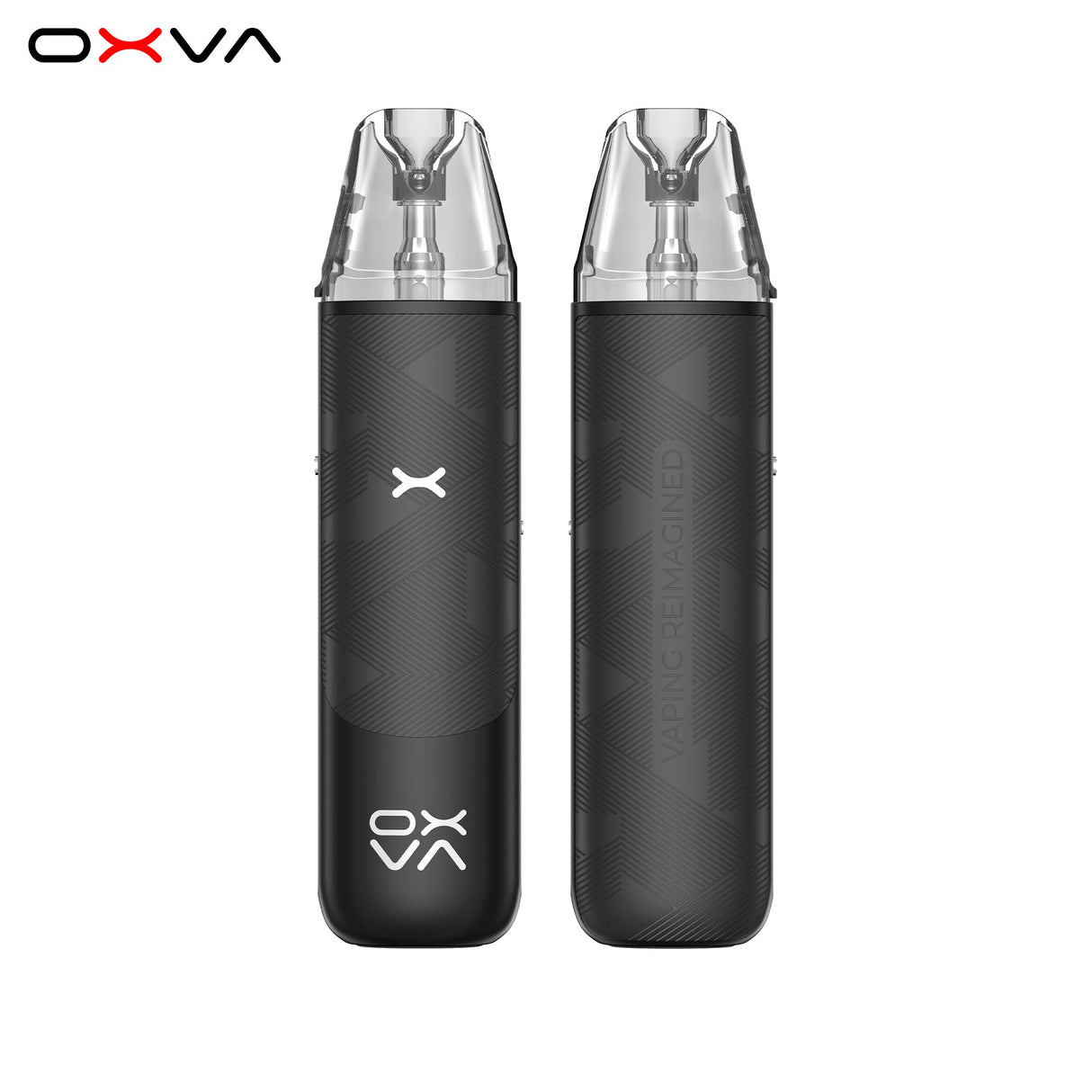 Two black OXVA vaping devices on a white background