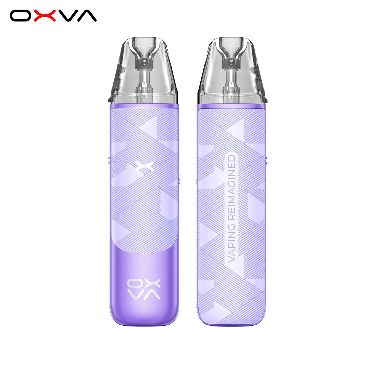 Two purple vape devices with 'OXVA' branding on a white background