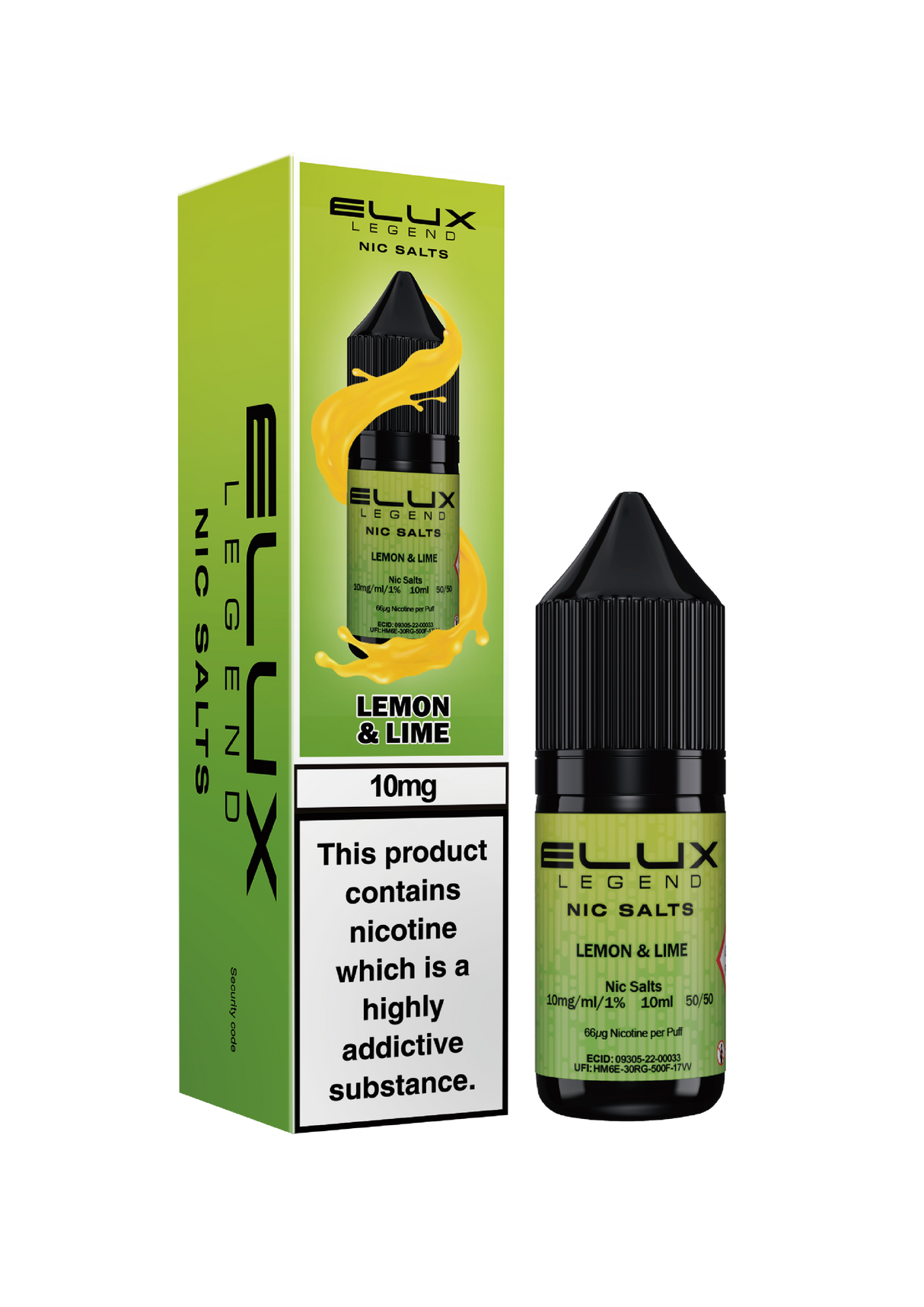 Elux Legend Nic Salts Lemon & Lime flavor packaging and bottle on a white background