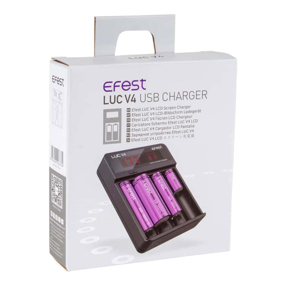 Efest LUC V4 USB charger packaging with purple batteries on a white background