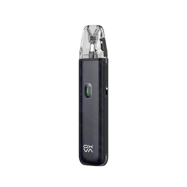 Black vape device with a clear top chamber on a white background