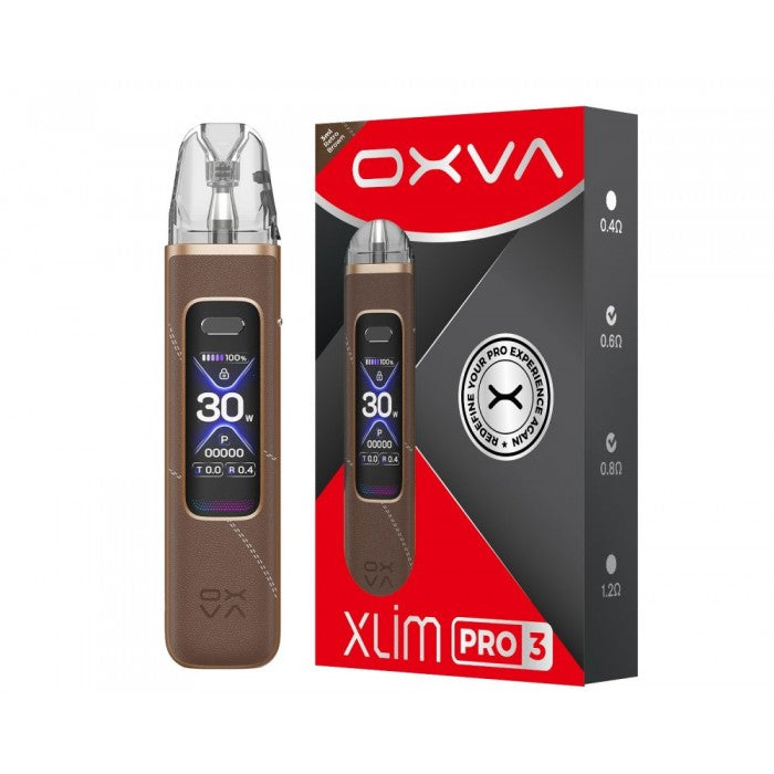 Oxva Xlim Pro 3 vape device in a metallic bronze-brown color shown next to its retail packaging box on a plain white background.
