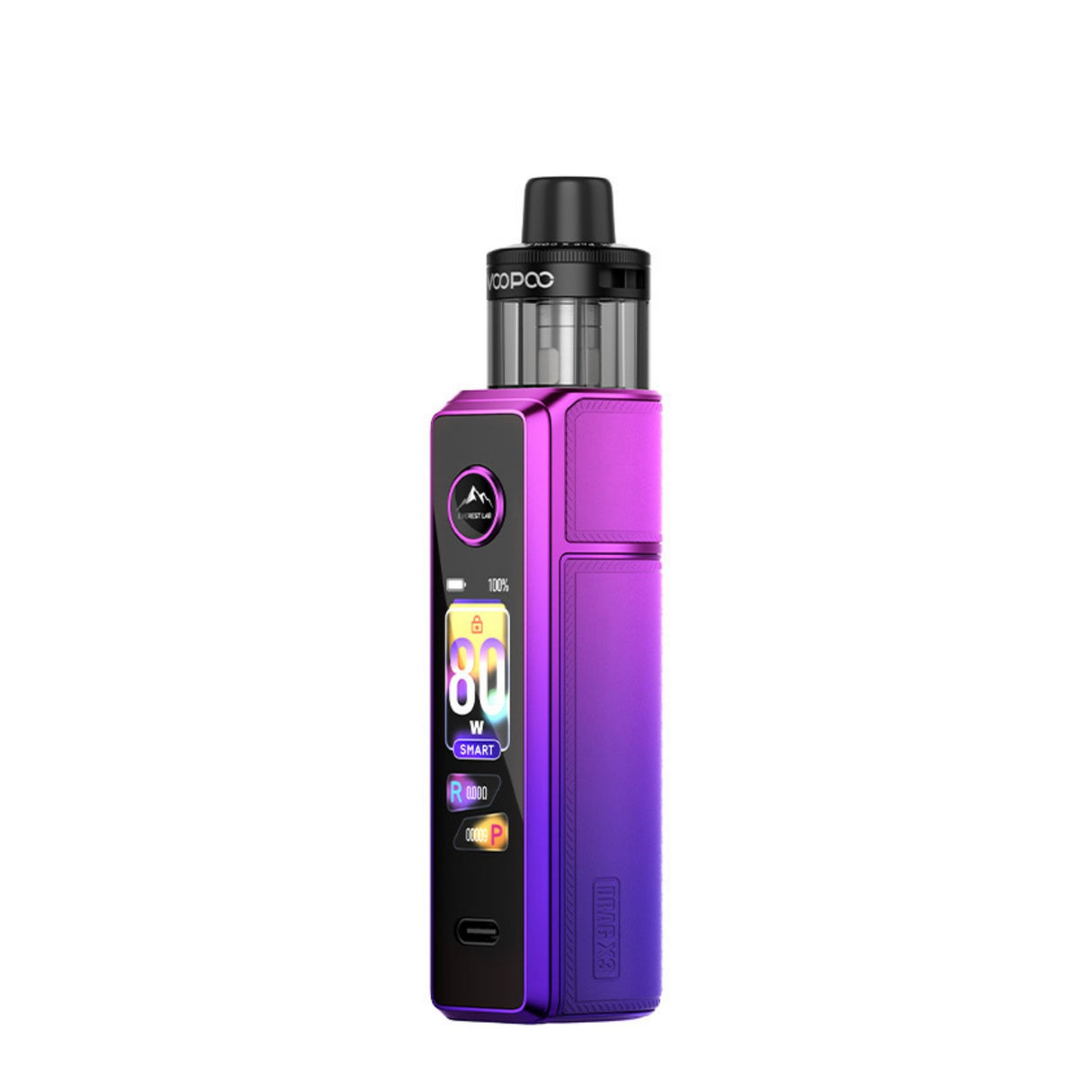 Vape device with a purple and black design on a white background