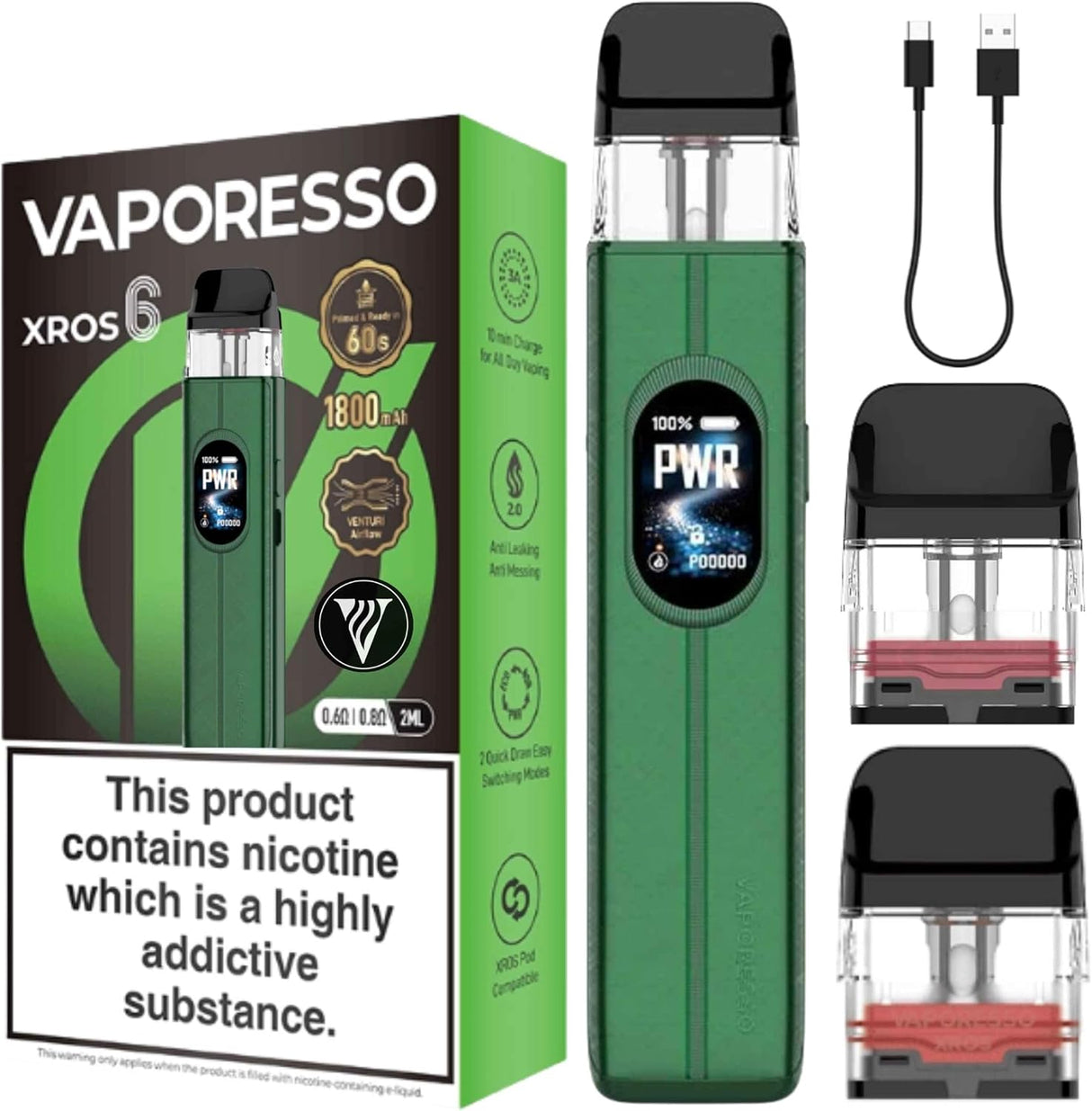 Vaporesso XROS 6 disposable vape device in green and black, shown alongside its retail box, a USB charging cable, and two empty pods with pink replacement coils on a white background.