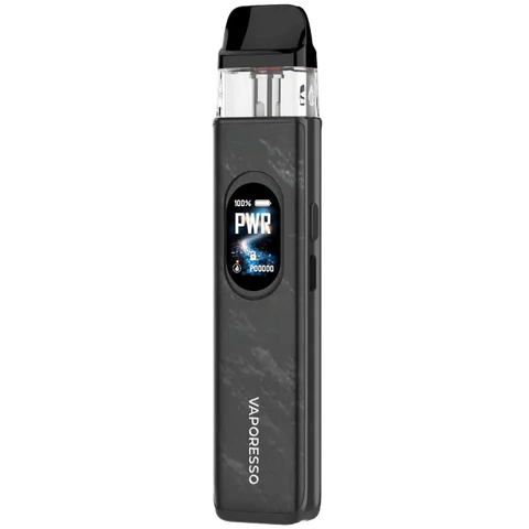 A Vaporesso vape device in dark gray and black with a digital display screen showing 'PWR' and battery percentage, set against a plain white background.