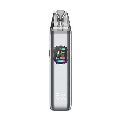 Silver vape device with digital display on a white background
