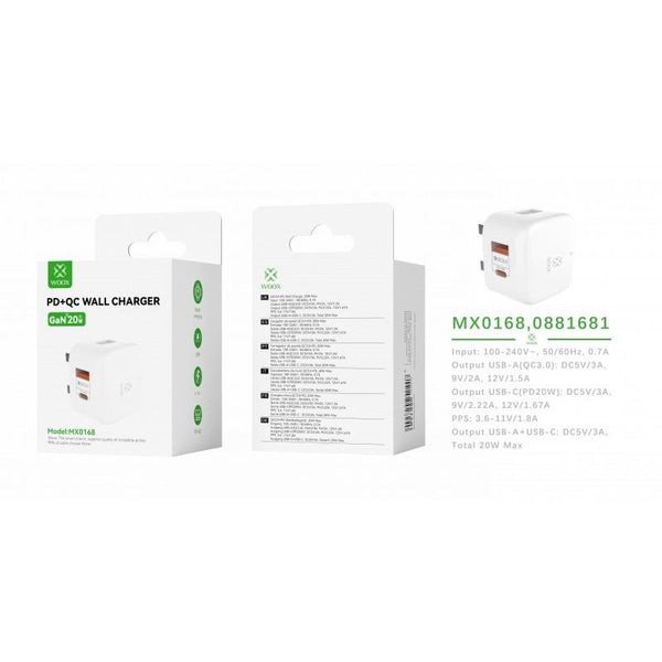 WOOX MX0168 white UK 20W USB-C PD and USB-A QC wall charger with packaging