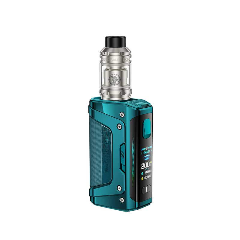 Teal vape device with a black top on a white background