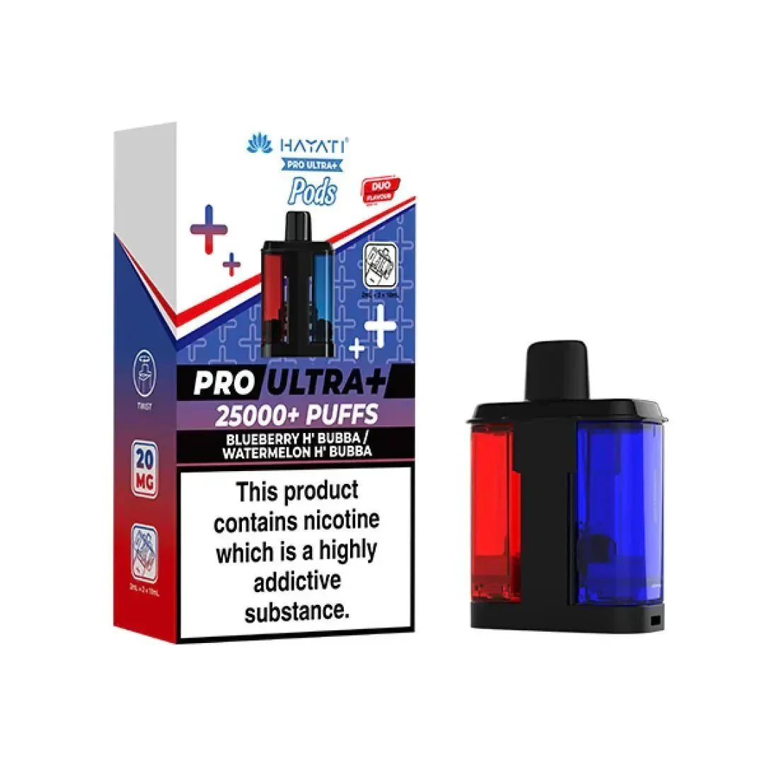 Hayati Pro Ultra+ vape pod packaging with nicotine warning label on a white background