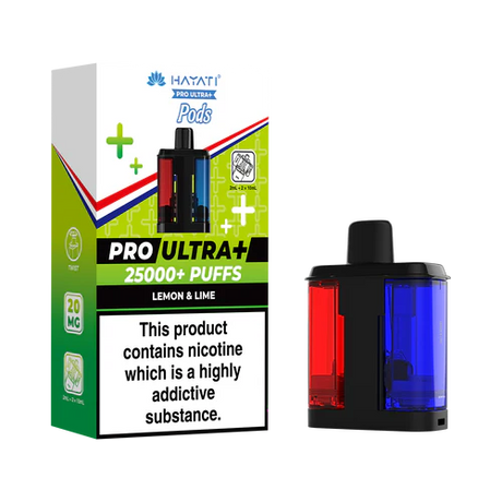 Hayati Pro Ultra+ vape device and packaging on a white background lemon lime flavour