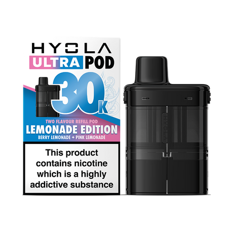 Black vape pod with Hyola Ultra Pod packaging on a white background