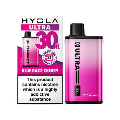 Hyvla Ultra vape device and packaging on a white background blue razz cherry