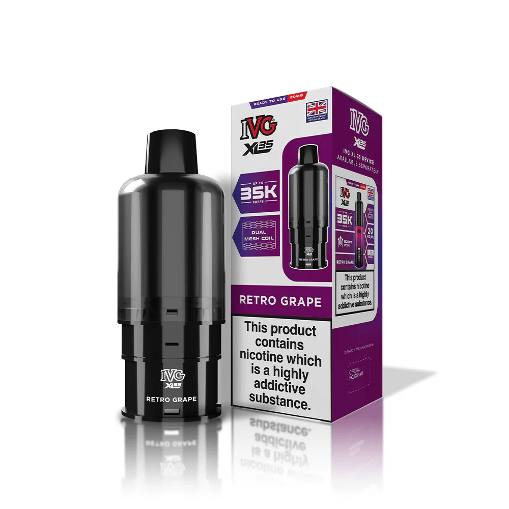 Black vape device with purple packaging on a white background