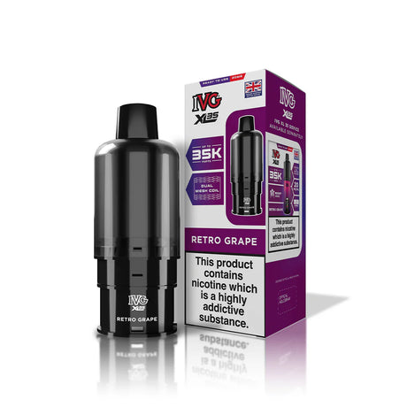 Black vape device with purple packaging on a white background