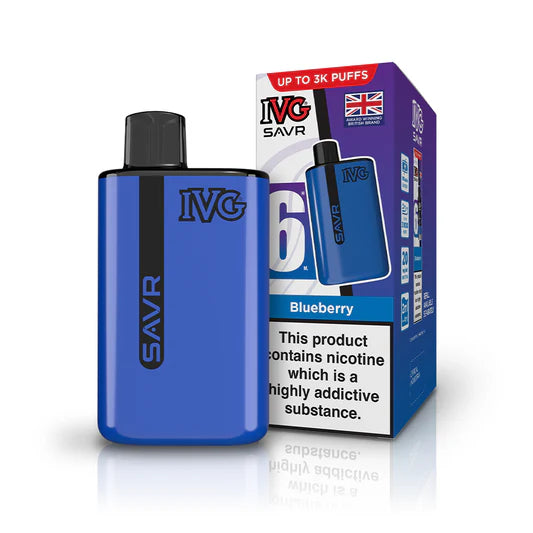 Blue IVG SAVR vape device with packaging on a white background
