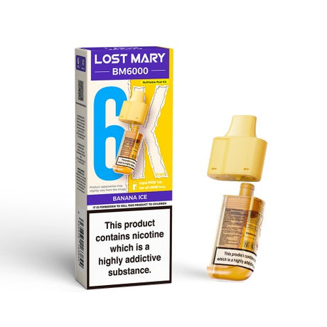 Lost Mary BM6000 vape device packaging with nicotine warning label on a white background
