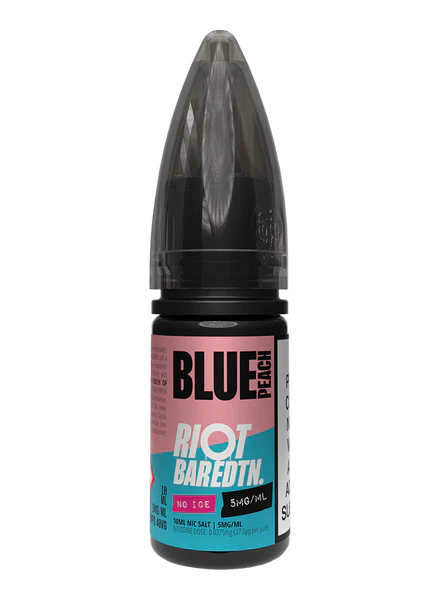 Bottle of Riot vape juice with pink and blue label on a white background