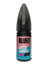 Bottle of Riot vape juice with pink and blue label on a white background